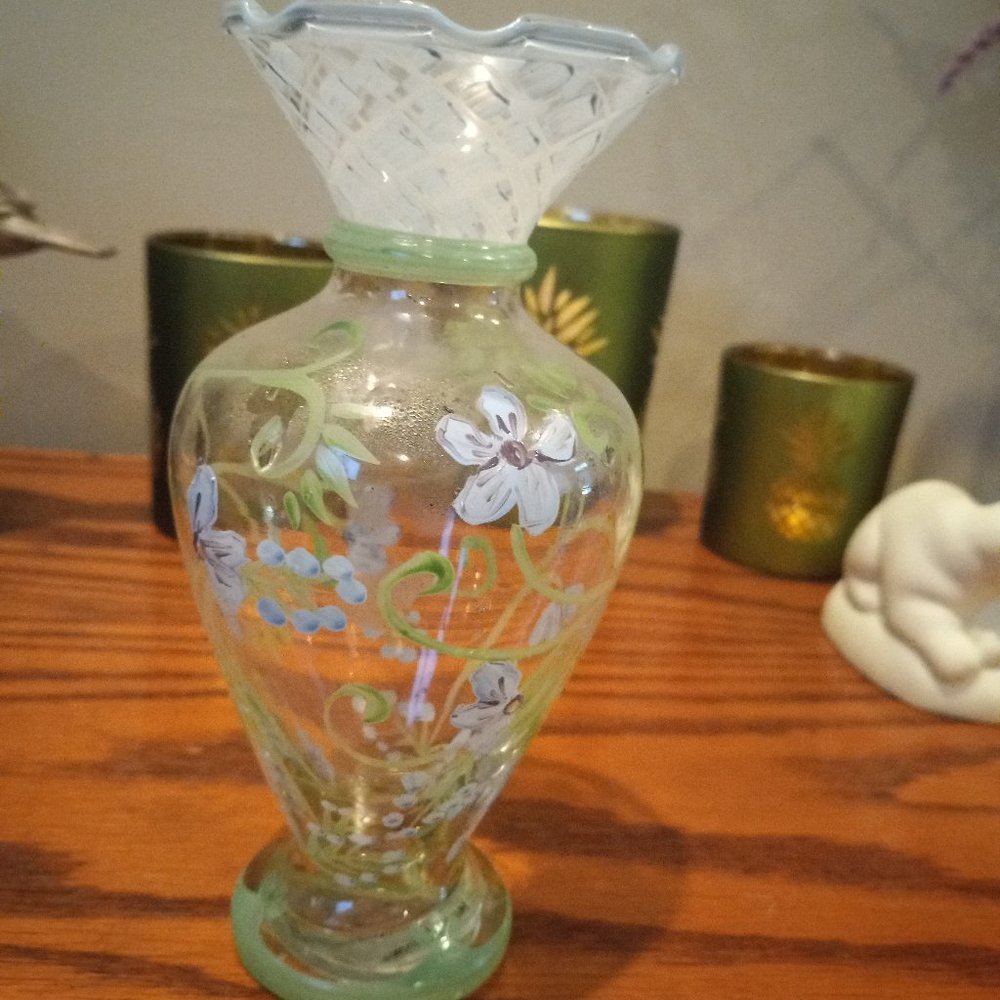 New Tracy Porter Glass Bud Vase w/Blue Flowers